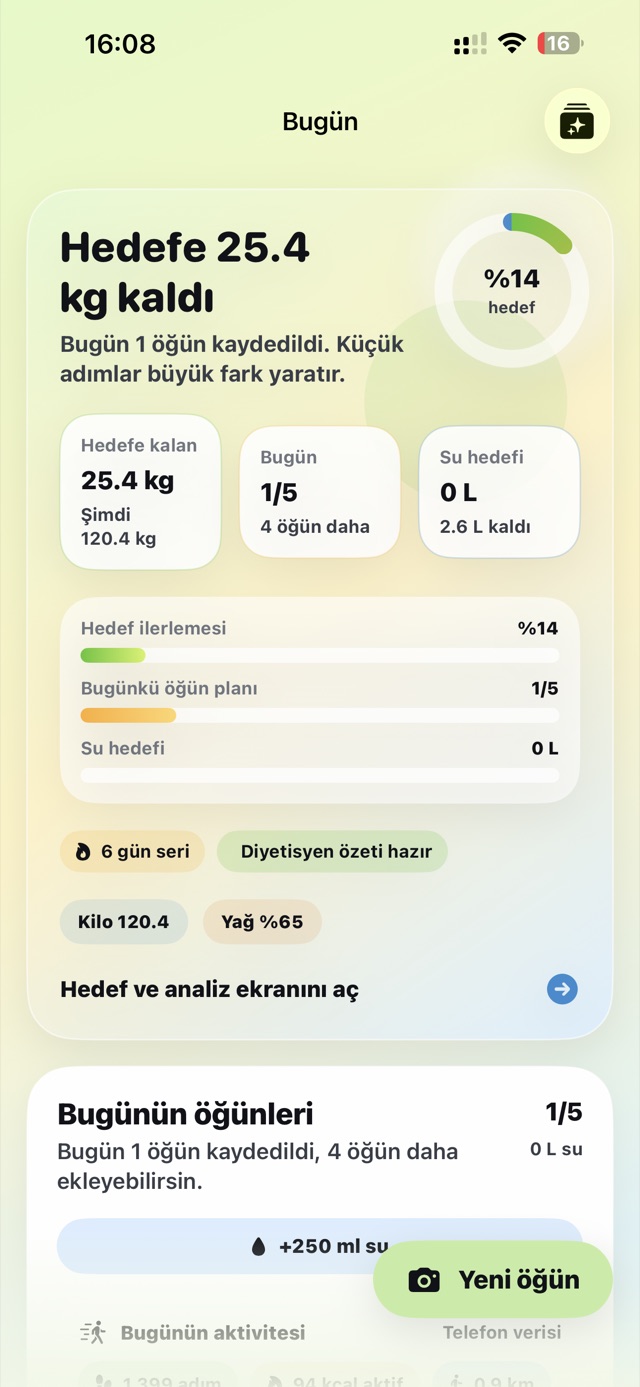 DietArchive hedef ekranı: hedefe kalan kilo, ilerleme halkası ve günlük seri